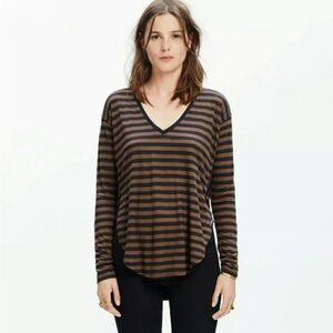 Madewell Black and Brown Striped V-Neck Long Sleeve Tee